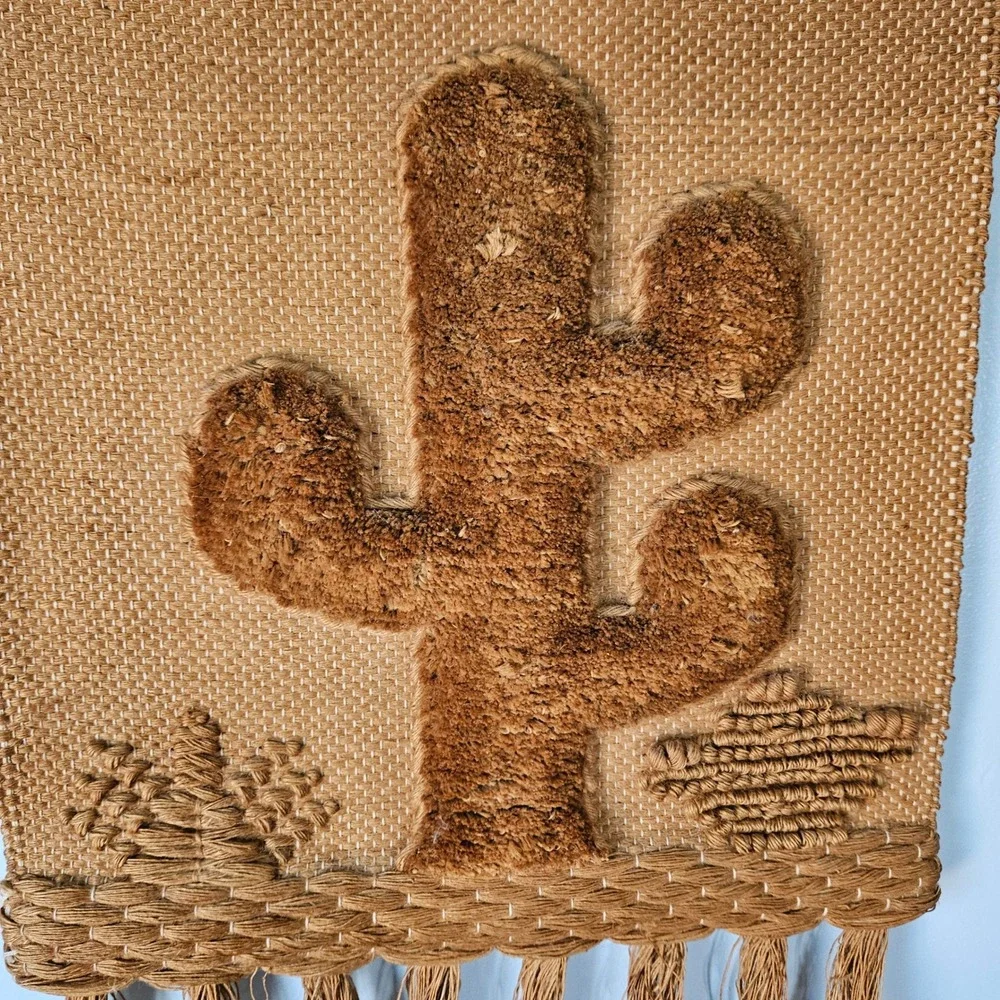 Vintage 1986 ICA Woven Jute Wall Hanging Saguaro Cactus Turquoise Beads Art 80s